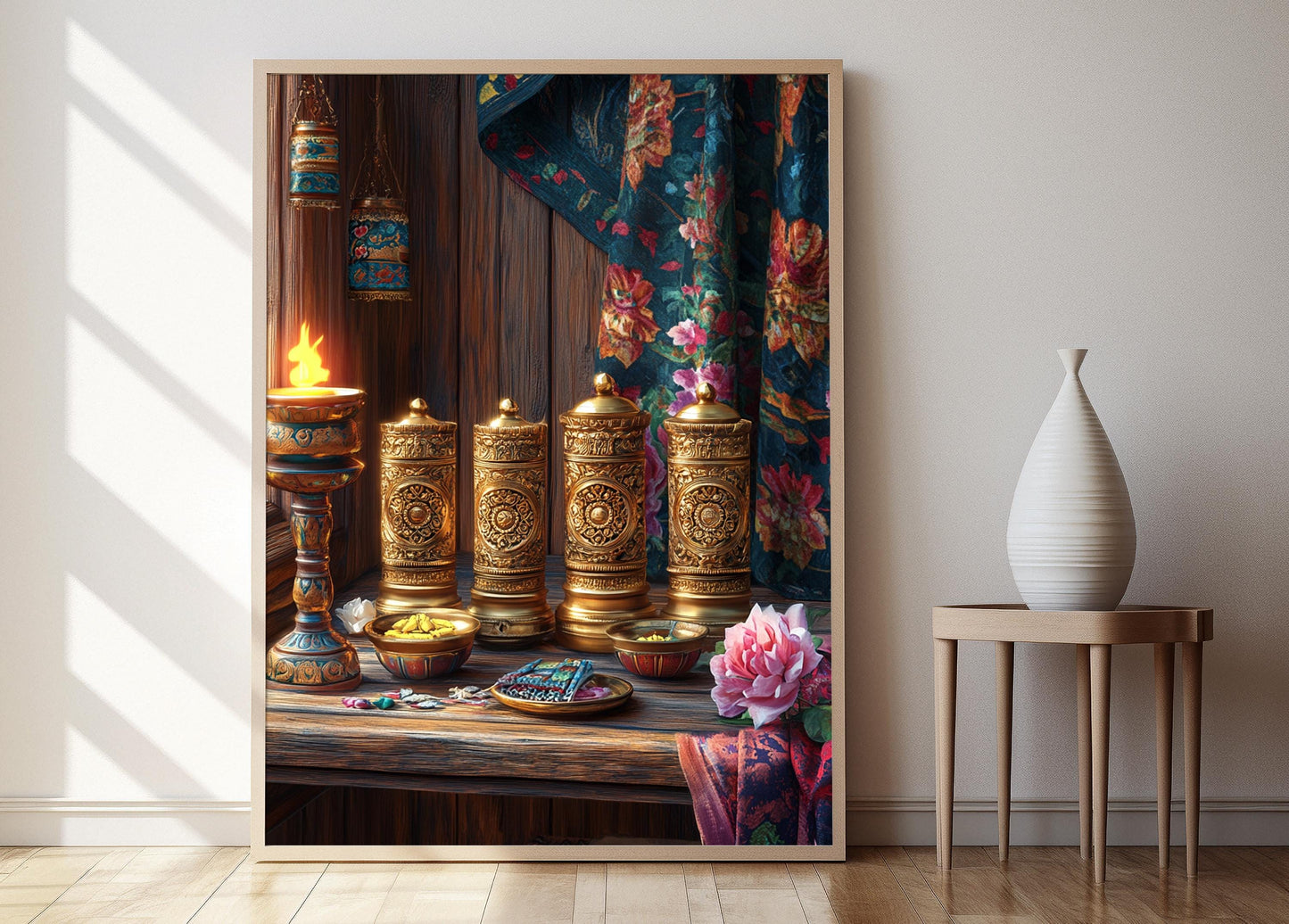 Affiche Roue de Prière Tibétaine – Illustration Art Folklorique en Laiton