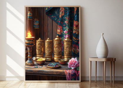 Affiche Roue de Prière Tibétaine – Illustration Art Folklorique en Laiton