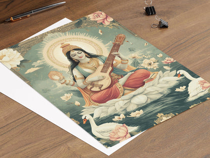 Affiche Déesse Saraswati – Illustration avec Veena et Décor de Sagesse