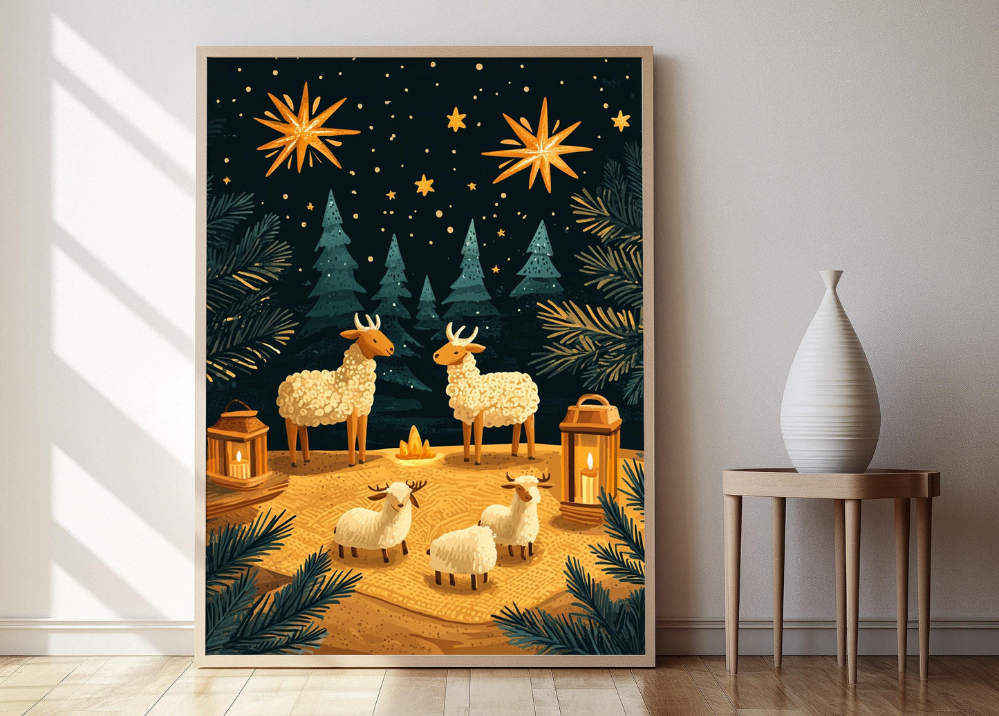 Affiche Scène de Berger – Illustration Rustique en Bois chrétienne