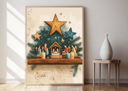 Affiche Étoile de Noël – Illustration Rustique en Bois chrétienne