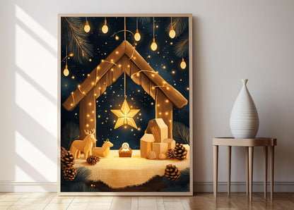 Affiche Étoile de Bethléem – Poster Scène de Nativité Rustique avec Lumières
