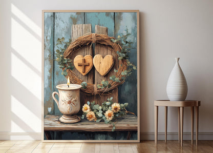 Affiche Rustique Croix & Cœur – Illustration de Foi en Art Print