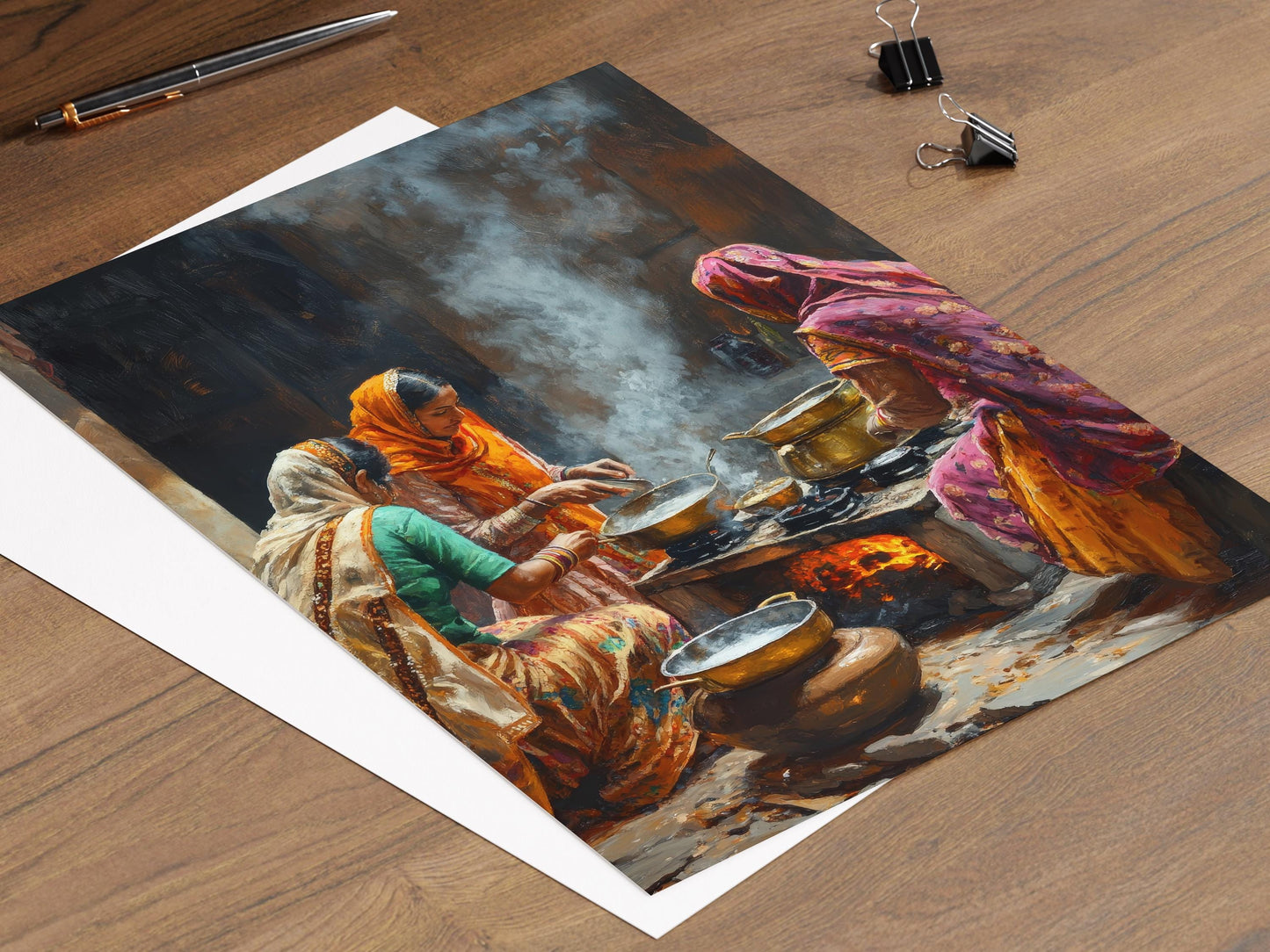 Affiche Cuisine Punjabi Traditionnelle – Poster Femmes en Cuisine, Ustensiles en Laiton