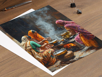 Affiche Cuisine Punjabi Traditionnelle – Poster Femmes en Cuisine, Ustensiles en Laiton