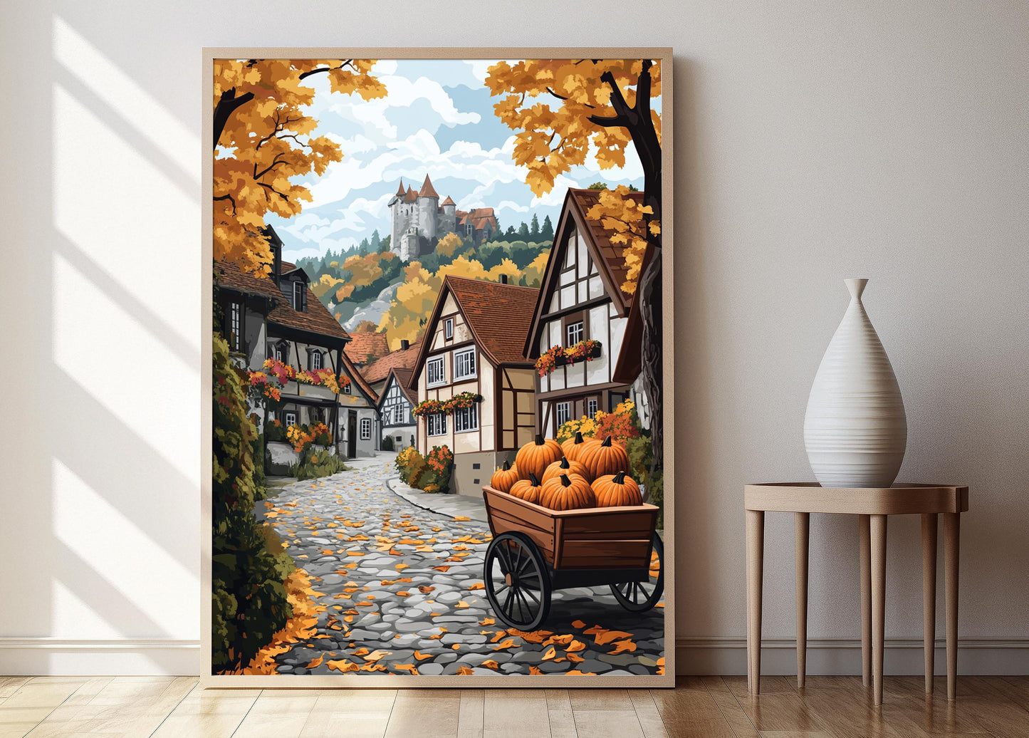 Affiche Village Bavarois – Poster Illustration Automnale de Maisons en Bois