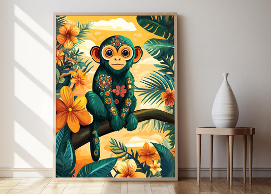 Affiche Singe Vert Barbadien – Illustration Tropicale et Motifs Bajan