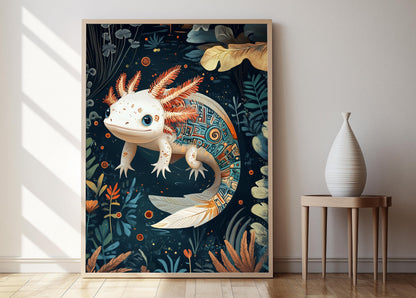 Affiche Axolotl Mexicain – Poster Art Aztec et Motifs Aquatiques