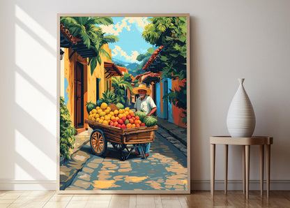 Affiche Tegucigalpa – Illustration d'un vendeur de rue et fruits tropicaux