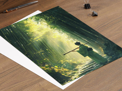 Affiche Joueur de Shakuhachi dans la Forêt de Bambous – Poster Art Japonais