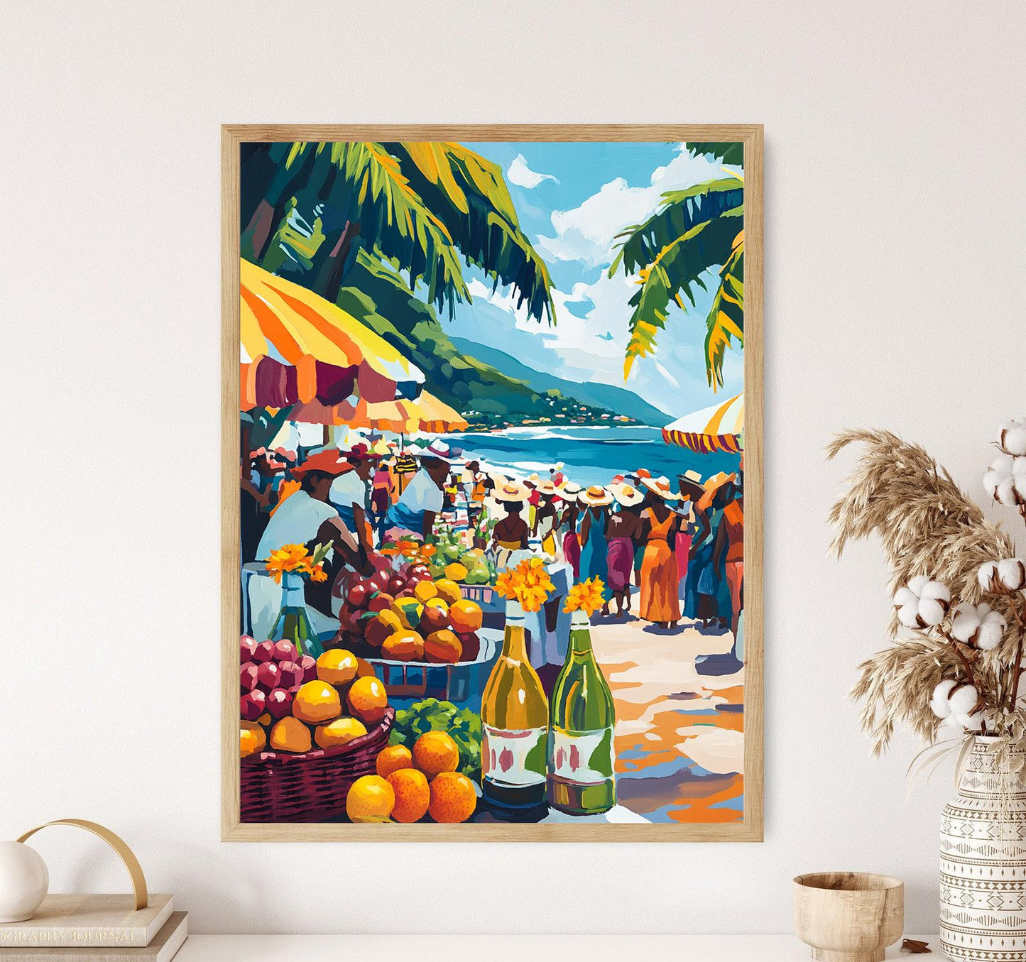 Affiche Brésilienne – Impression Art avec Fruits Tropicaux et Bouteilles de Cachaça