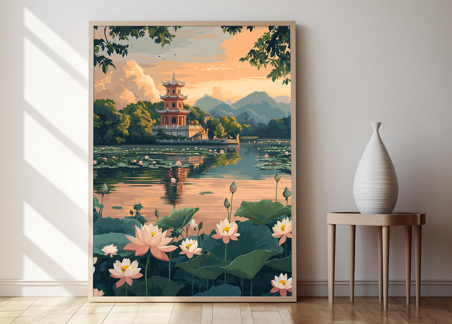 Affiche Pagode Unique – Poster Art de Hanoi, Paysage de Lotus