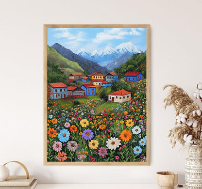 Affiche Village Kurde – Poster Art Naïve de la Région d'Amedia