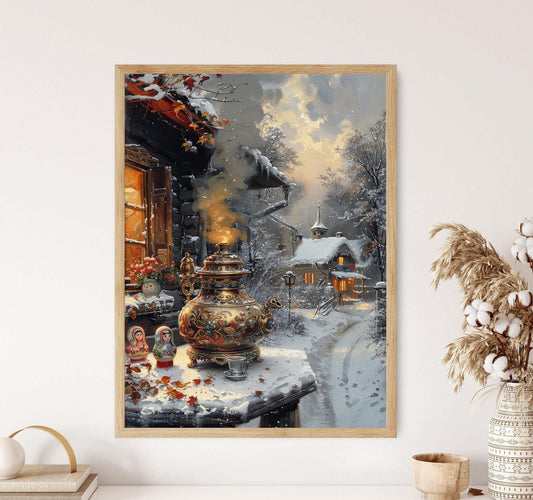 Affiche Hiver Moscou – Poster Scène de Village enneigé avec Samovar