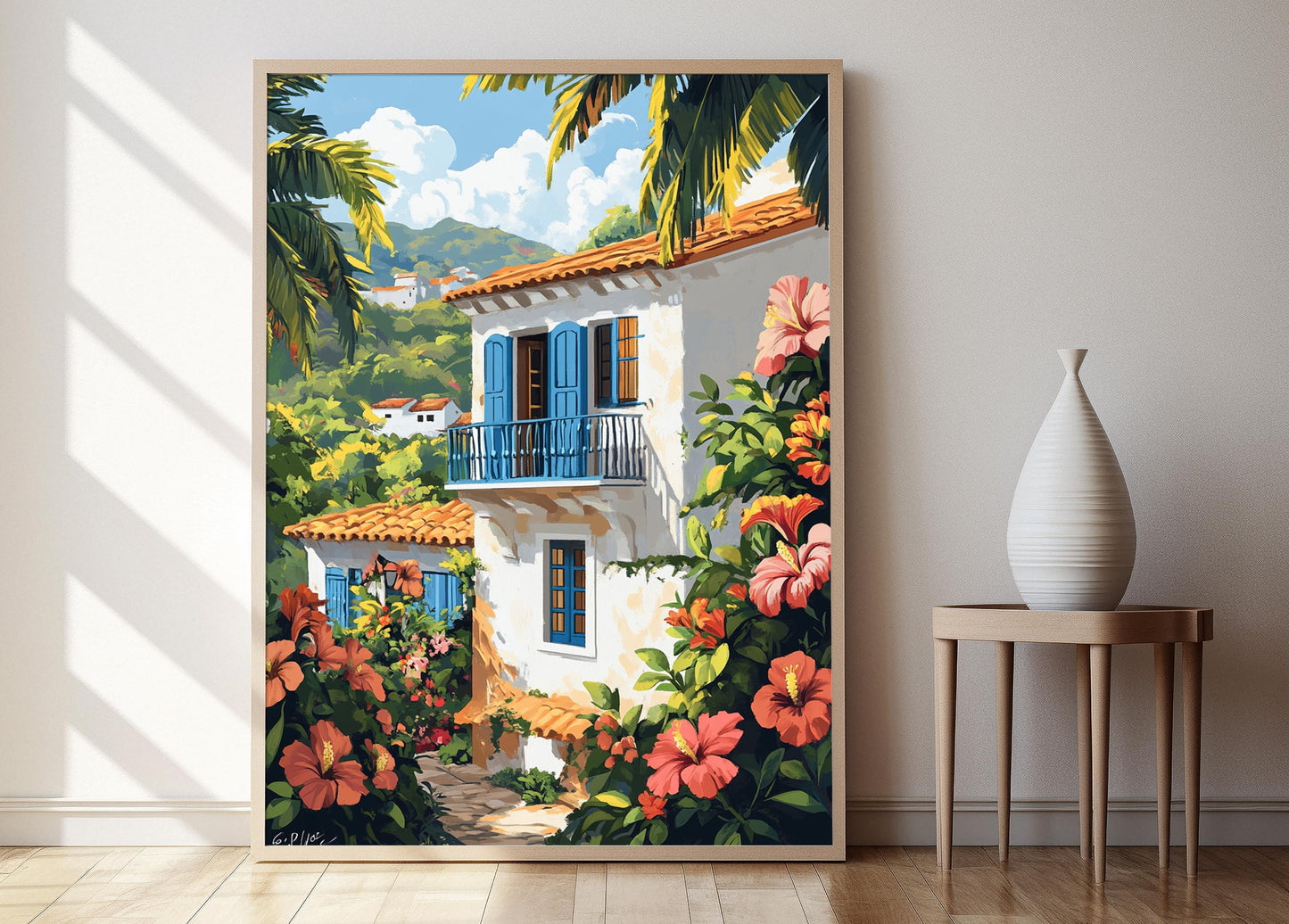 Affiche Maison Coloniale Brésilienne – Art Tropical avec Hibiscus