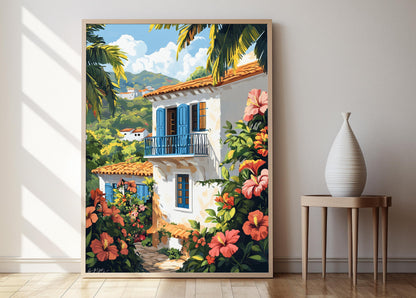 Affiche Maison Coloniale Brésilienne – Art Tropical avec Hibiscus
