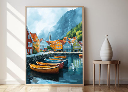 Affiche Fjord Norvégien – Poster Bateaux Colorés à Bergen