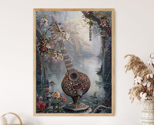 Affiche Sitar Intriquée – Poster Peinture d’un Instrument Musical Indien