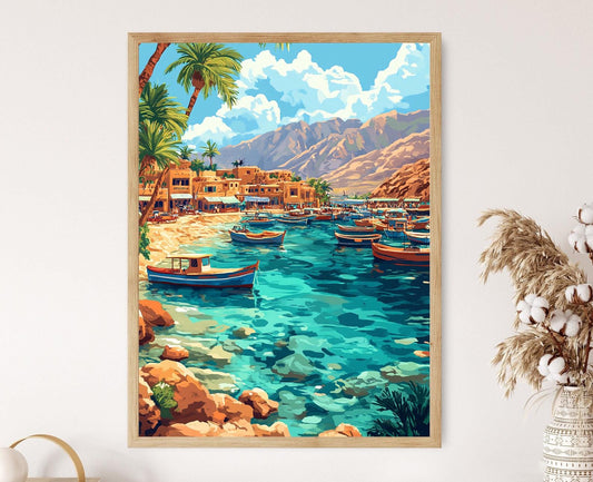 Affiche Port d'Aqaba – Poster Art Côtière Jordanie avec Bateaux de Pêche