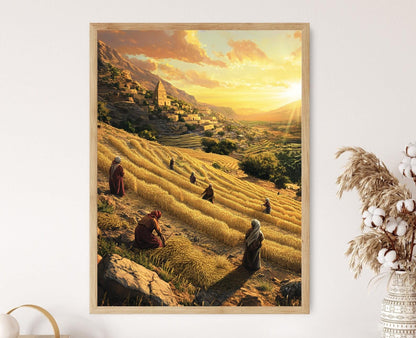 Poster mit jesidischen Bauern bei der Weizenernte – Kurdisches Kulturerbe