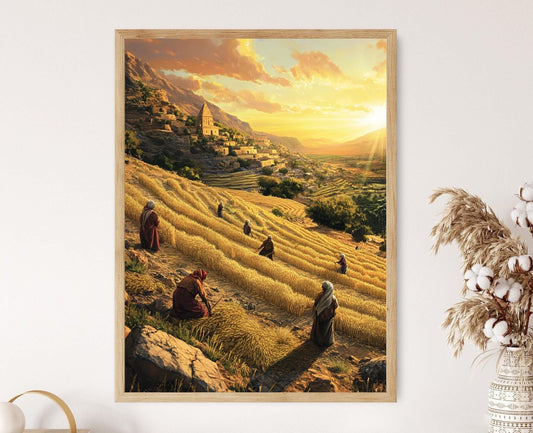 Poster mit jesidischen Bauern bei der Weizenernte – Kurdisches Kulturerbe