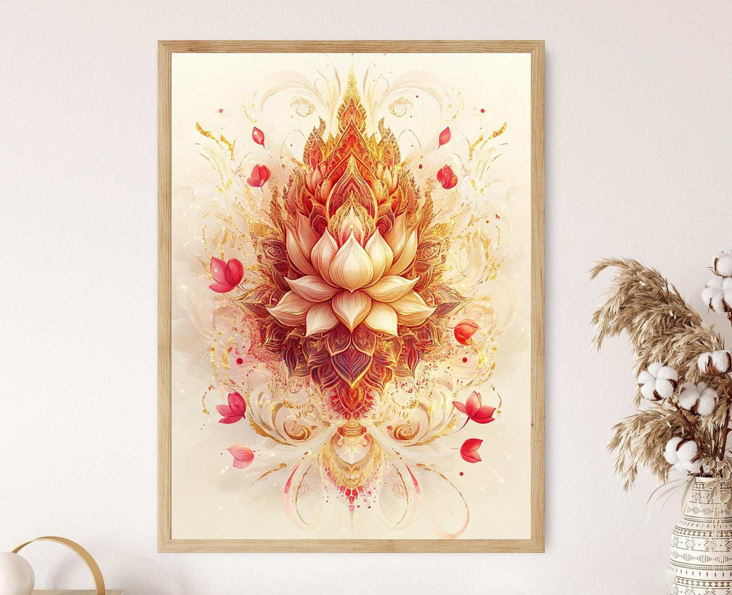 Affiche Fleurie Lanna Thaï – Imprimé Art Traditionnel Rouge & Or