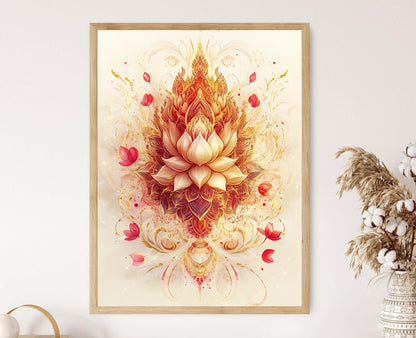 Affiche Fleurie Lanna Thaï – Imprimé Art Traditionnel Rouge & Or