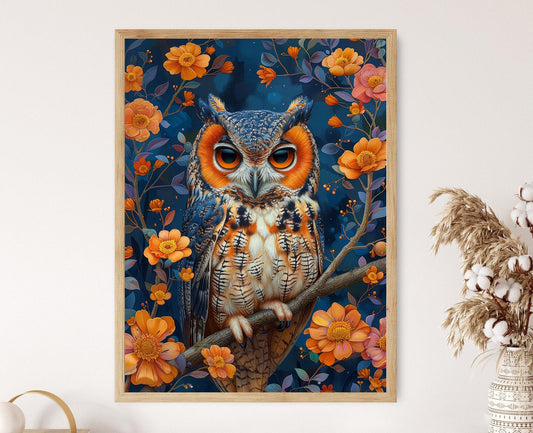 Affiche Hibou Bleu – Poster Broderie Naturelle Murale