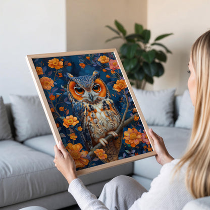 Affiche Hibou Bleu – Tableau Brodé sur le Thème de la Nature