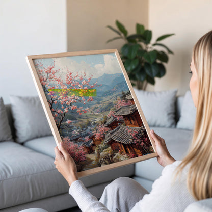 Affiche Campagne Coréenne – Poster Maisons Hanok & Cerisiers en Fleurs