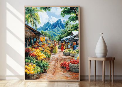 Affiche Marché Fidjien – Poster Scène de Marché avec Fruits Tropicaux
