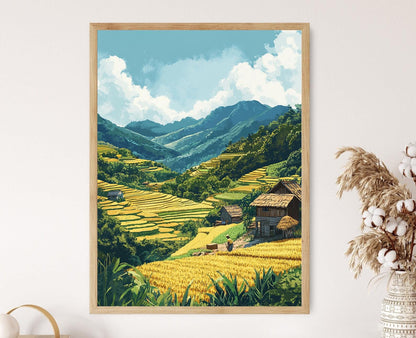 Affiche Récolte de Riz à Madagascar – Art de Paysage Éducatif