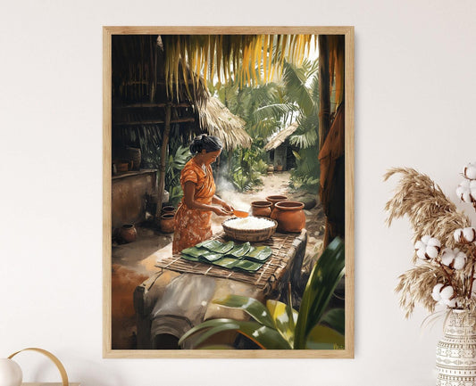 Affiche Cuisine Malgache – Poster Art de la Femme Préparant le Ravitoto