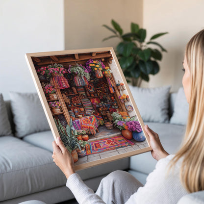 Affiche Marché Péruvien – Poster Décor Textiles et Poterie Alpaga