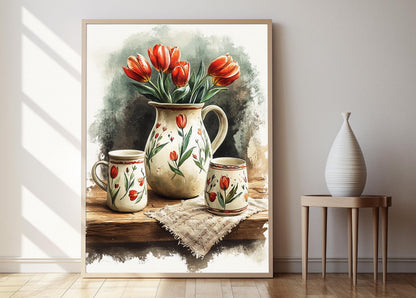 Affiche en Faïence Polonaise – Poster Art Tulipe, Décor de Cuisine Folk