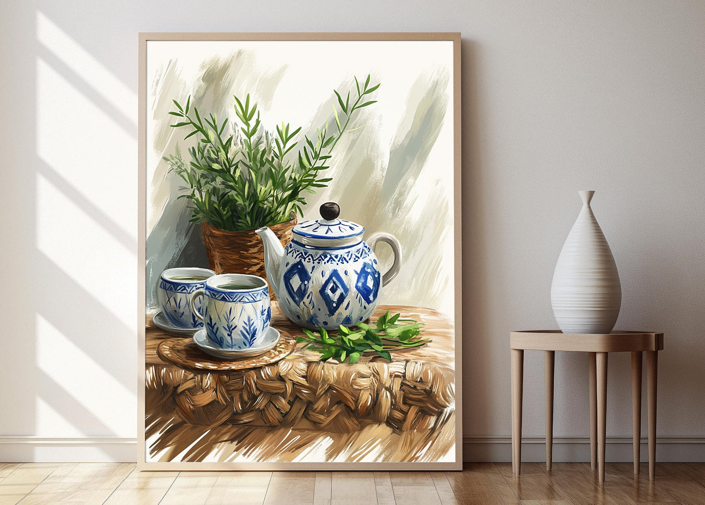 Affiche Théière en Céramique Polonaise – Poster Art Déco Rustique