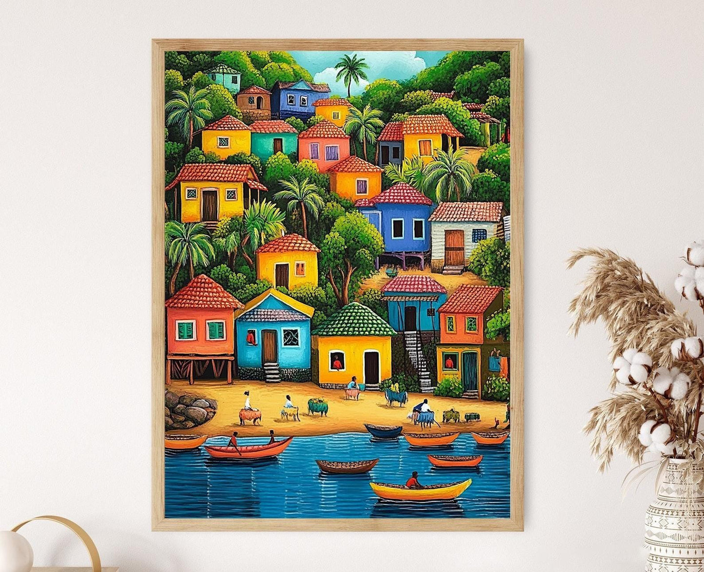 Affiche Art Naïf Haïtien – Poster Scène de Village de Pêche des Caraïbes