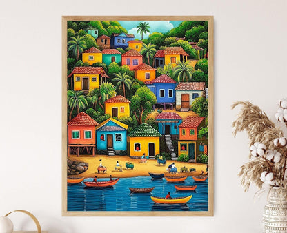 Affiche Art Naïf Haïtien – Poster Scène de Village de Pêche des Caraïbes