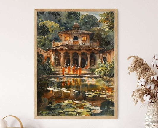 Affiche Temple Bouddhiste Sri Lankais – Art Religieux Aquarelle, Décor Mural