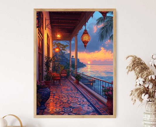 Affiche Mumbai Terrasse – Poster Art Côtière Indienne avec Lanternes