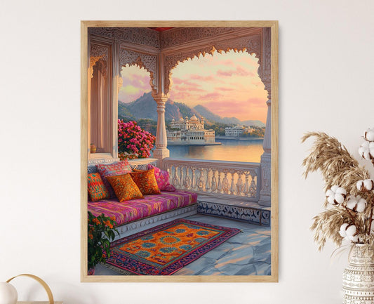 Affiche Udaipur Terrasse – Poster Art Héritage Indien avec Vue Lac