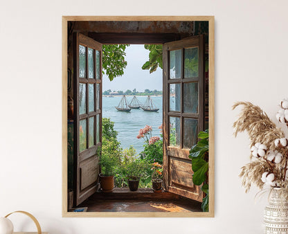 Affiche Kochi, Kerala – Impression artistique des filets chinois et fenêtres tropicales