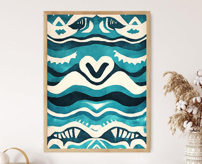 Affiche Motif Aquatique Zuni – Poster Tribal Amérindien en Turquoise