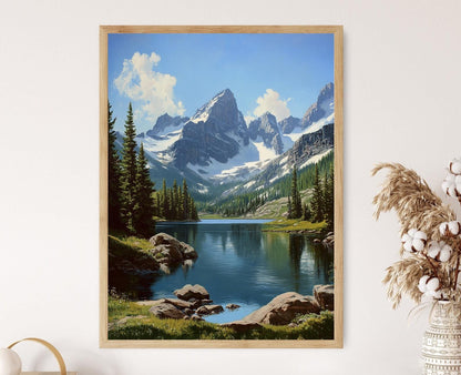 Affiche Montagnes Rocheuses – Poster Art des Sommets Enneigés et Lac Alpin