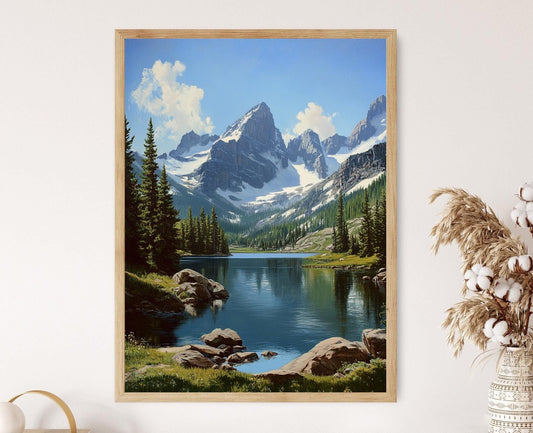 Affiche Montagnes Rocheuses – Poster Art des Sommets Enneigés et Lac Alpin