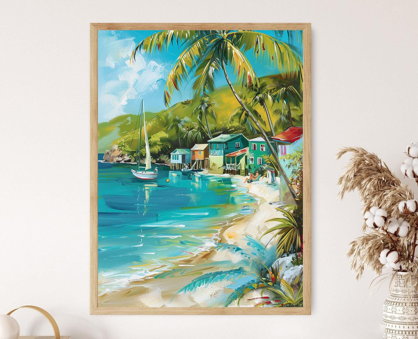 Affiche Îles Vierges – Poster Scène de Plage Tropicale avec Huts Colorés