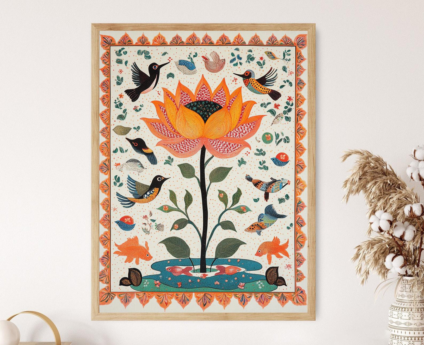 Affiche Fleur de Lotus Mithila – Art Naturel Folk Indien