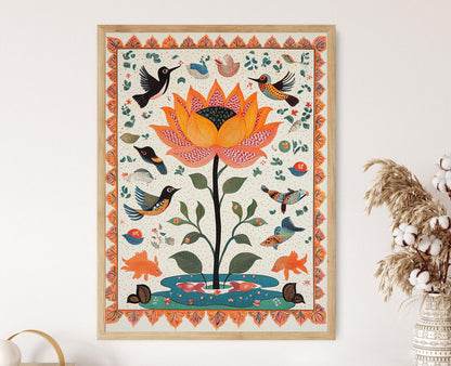 Affiche Fleur de Lotus Mithila – Art Naturel Folk Indien