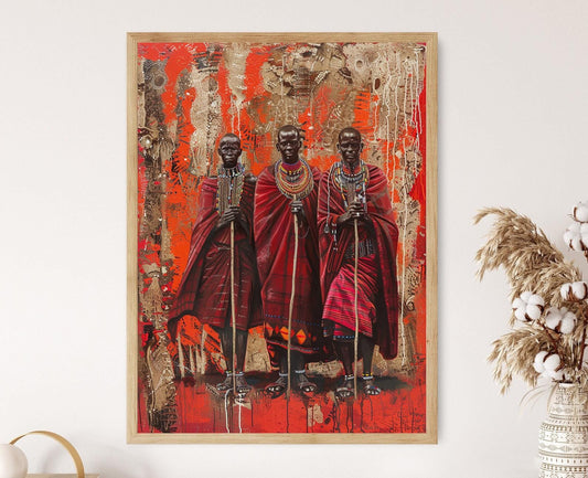 Affiche Guerriers Maasai – Poster Peinture Shukas Rouges & Perles