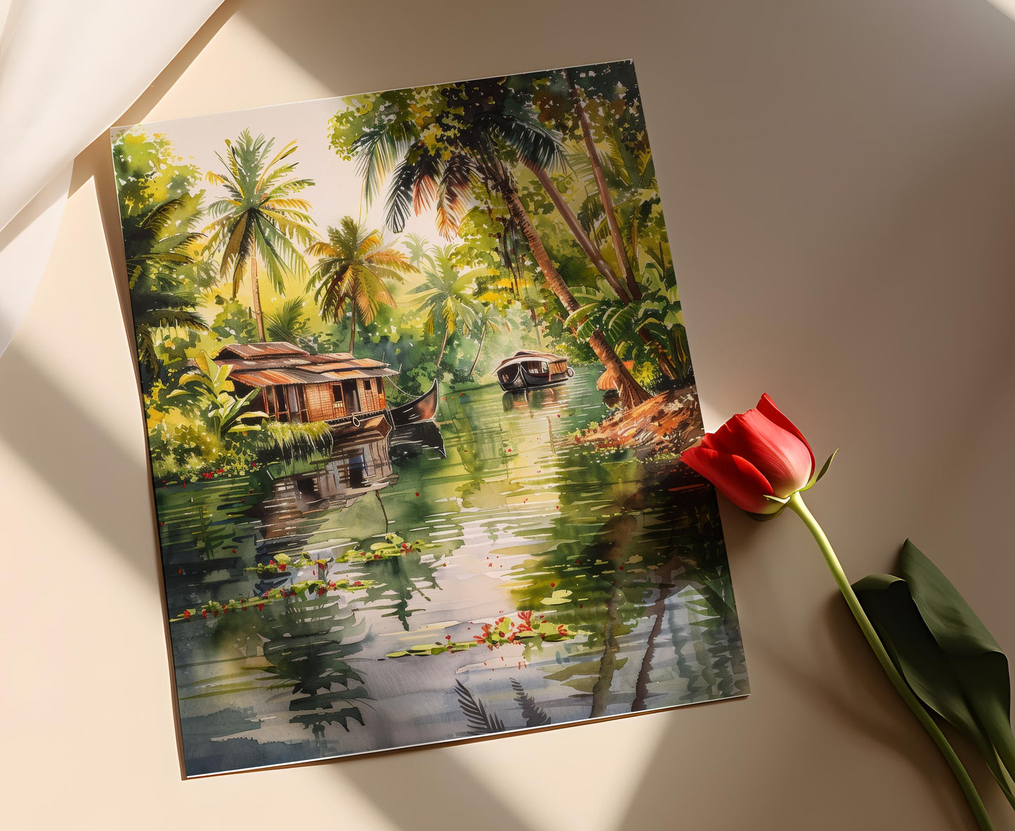 Affiche des Backwaters du Kerala – Impression artistique de paysages indiens tranquilles avec des houseboats